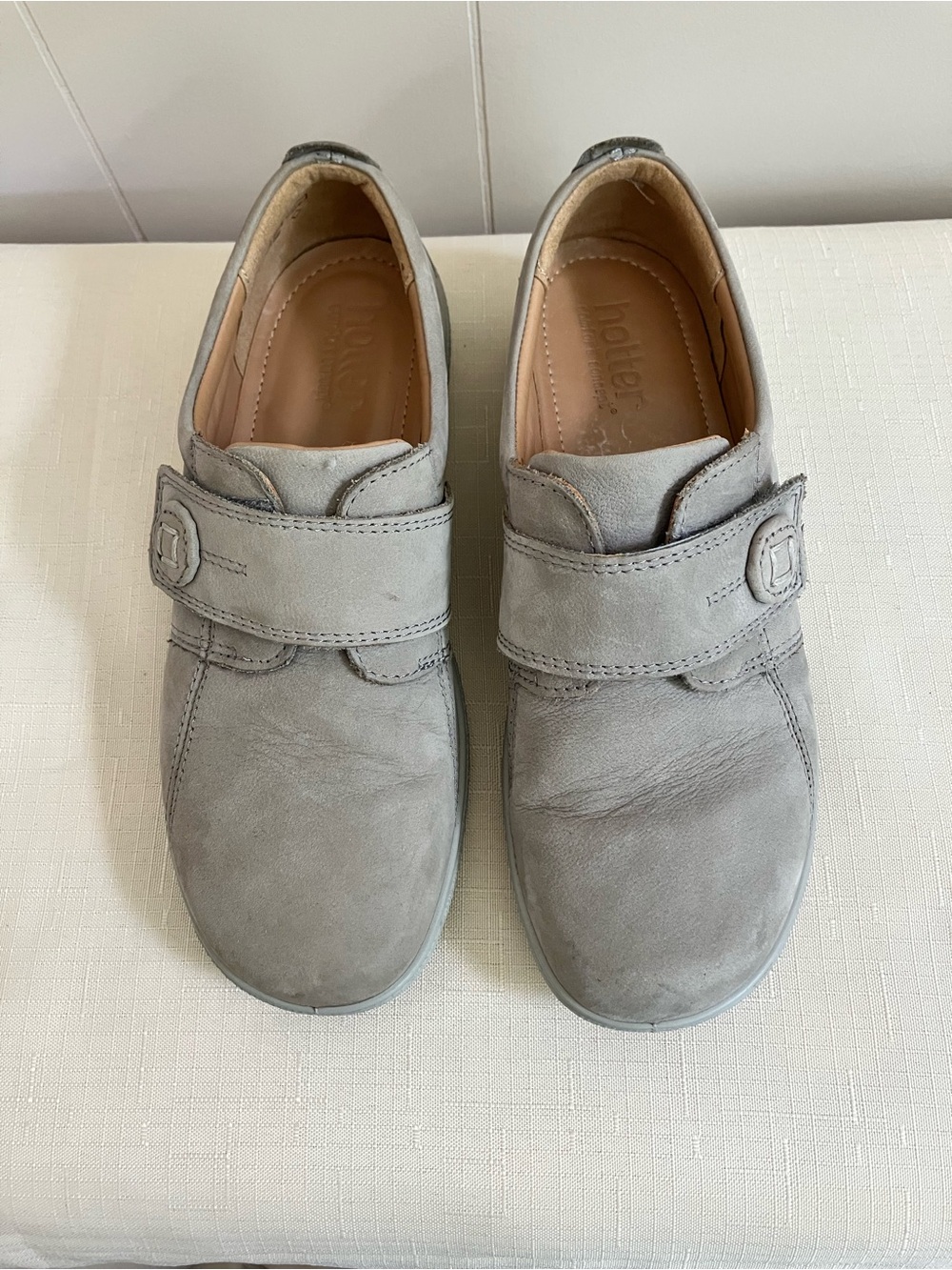 hotter “Sugar” Grey Nubuck Leather Loafers Made in UK Hook & Loop size 7